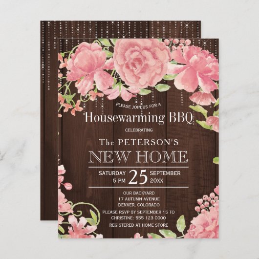 Florence roze budget huisverwarming uitnodiging (Voorkant / Achterkant)