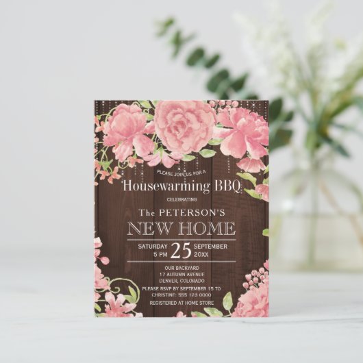 Florence roze budget huisverwarming uitnodiging (Staand voorkant)