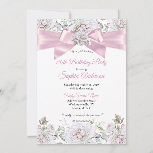  Florence Rozen Pink White Birthday Party Kaart (Voorkant)