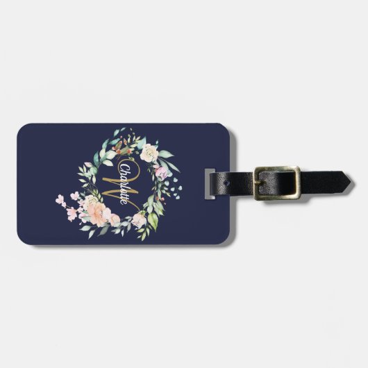 Florence-Rozen van Navy Blue Gold Script Bagagelabel (Voorkant horizontaal)