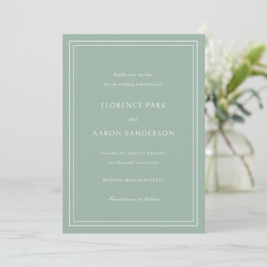 Florence Sage Green Elegant Huwelijk Save The Date (Staand voorkant)