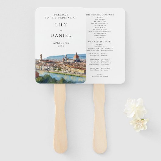 Florence Skyline Watercolor Wedding Program Handwaaier (Voorkant en achterkant)