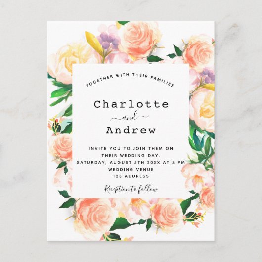 Florence waterkleurige witte rozen goudroze bruilo briefkaart (Voorkant)