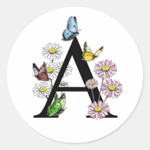Florence Waterverf Butterfly Monogram Letter A Ronde Sticker