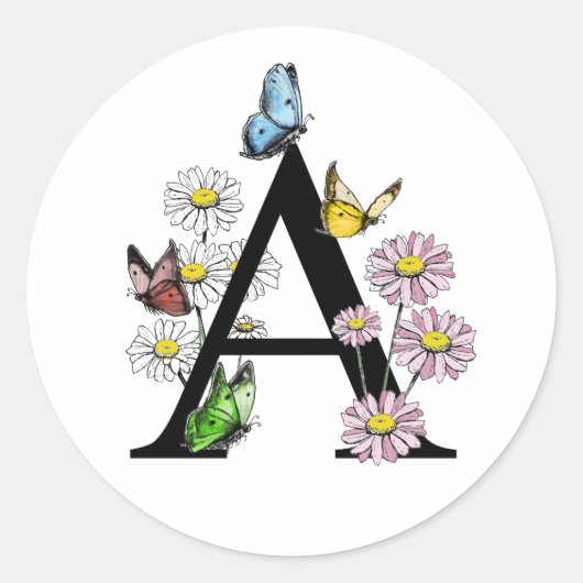 Florence Waterverf Butterfly Monogram Letter A Ronde Sticker (Voorkant)