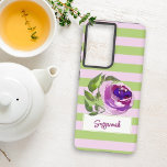 Florence Waterverf Roos Striped Add Jouw naam Samsung Galaxy Hoesje<br><div class="desc">Dit chique telefoonhoesontwerp heeft horizontale lila en groene pastelstrepen met een paarse en groene waterverf roos bovenop een opvallende doos voor jouw naam. Personaliseer de tekst of bewerk met het ontwerpgereedschap om een lettertypestijl,  -grootte of -kleur te selecteren die u wilt.</div>