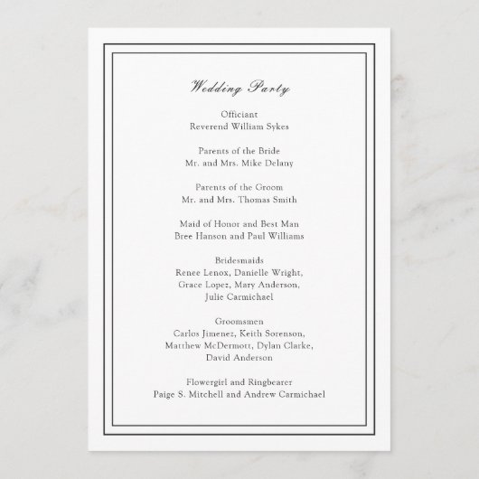 Florence White Elegant Huwelijk Programmakaart (Achterkant)