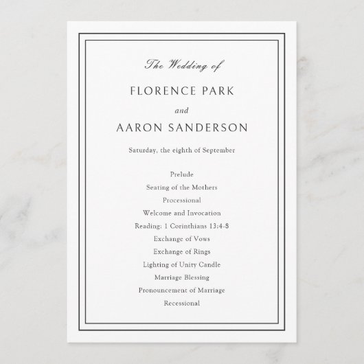 Florence White Elegant Huwelijk Programmakaart (Voorkant)