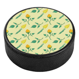 Florentijn met gele roos en tulpbloemen hockey puck