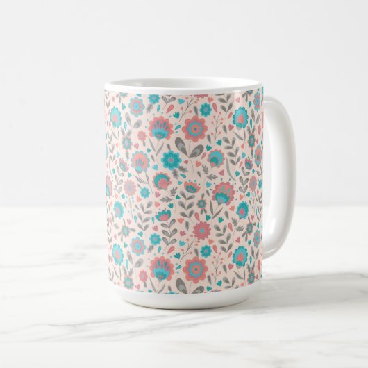Florentijn voor blauwgroen en koraalfolk koffiemok (Voorkant rechts)