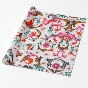 FLORENTIJNSE RENAISSANCE RODE BLOEMENKRULLEN, BLOE CADEAUPAPIER