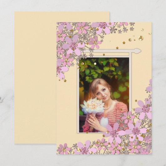 Florentijnse roze bloemen gouden polka punts glitt kaart (Voorkant / Achterkant)