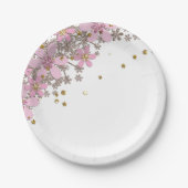 Florentijnse roze bloemen gouden polka punts glitt papieren bordje (Voorkant)