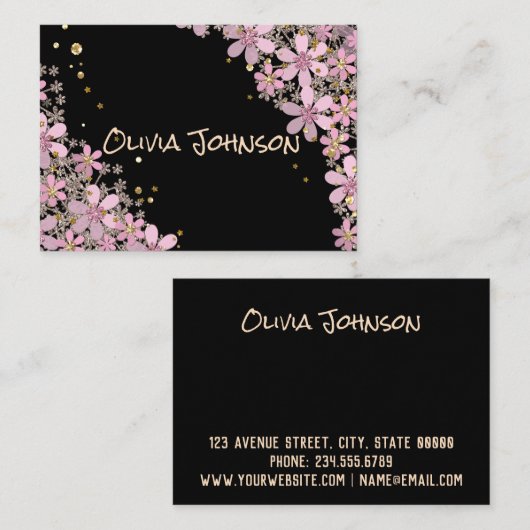 Florentijnse roze bloemen gouden polka punts glitt visitekaartje (Voorkant / Achterkant)