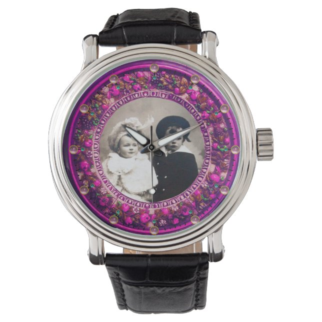 FLORENTINE PINK FLORAL CROWN FOTO TEMPLATE HORLOGE (Voorkant)