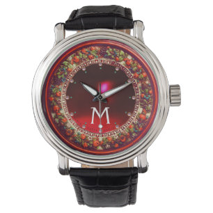 FLORENTINE RED GREEN FLORAL CROWN RUBY MONOGRAM HORLOGE
