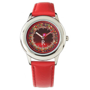 FLORENTINE RED GREEN FLORAL CROWN RUBY MONOGRAM HORLOGE