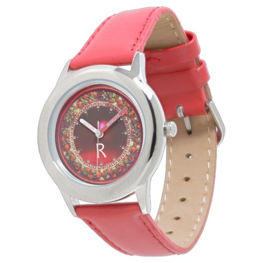 FLORENTINE RED GREEN FLORAL CROWN RUBY MONOGRAM HORLOGE (Gekanteld)