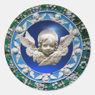 FLORENTINE RENAISSANCE ANGEL FLORAL CROWN BLUE RONDE STICKER