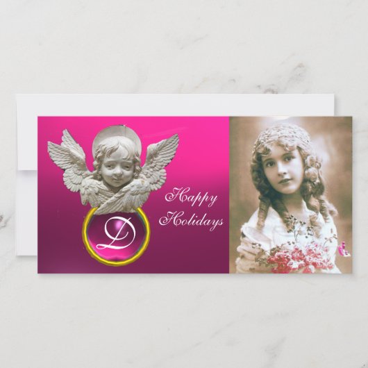 FLORENTINE RENAISSANCE ANGEL Fuchsia Gem Monogram Feestdagenkaart (Voorkant)