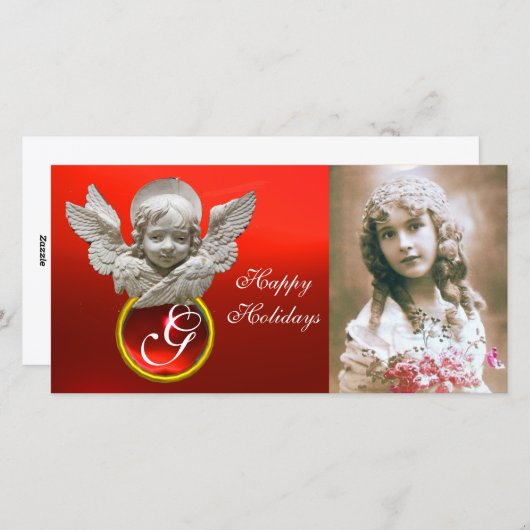 FLORENTINE RENAISSANCE ANGEL Red Ruby Gem Monogram Feestdagenkaart (Voorkant / Achterkant)