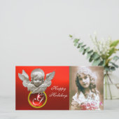 FLORENTINE RENAISSANCE ANGEL Red Ruby Gem Monogram Feestdagenkaart (Staand voorkant)