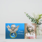 FLORENTINE RENAISSANCE ANGEL Sapphire Gem Monogram Feestdagenkaart (Staand voorkant)