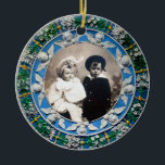 FLORENTINE RENAISSANCE ANGELS Fotosjabloon Keramisch Ornament<br><div class="desc">Elegant klassieker, levendige Renaissance fijne kunst, meesterwerk uit de Bottega della Robbia ( Florence - Italië ) in witte, blauwe, groene, bruine kleuren.Wingd-kerubs in blauwe hemel op een felgele, groene decoratieve sierbloemen.</div>