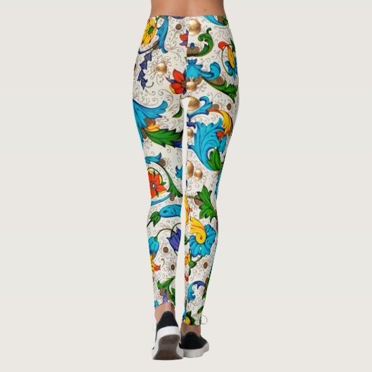 FLORENTINE RENAISSANCE BLUE FLORAL SWIRLS, FLOWERS LEGGINGS (Achterkant)