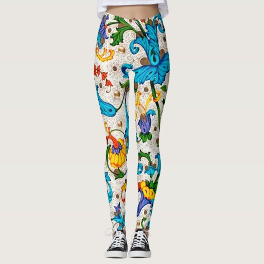 FLORENTINE RENAISSANCE BLUE FLORAL SWIRLS, FLOWERS LEGGINGS (Voorkant)