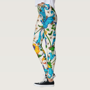 FLORENTINE RENAISSANCE BLUE FLORAL SWIRLS, FLOWERS LEGGINGS