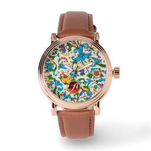 FLORENTINE RENAISSANCE BLUE FLORAL SWIRLS MONOGRAM HORLOGE