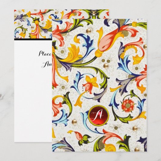 FLORENTINE RENAISSANCE FLORAL SWIRLS GEM MONOGRAM FEESTDAGENKAART (Voorkant / Achterkant)
