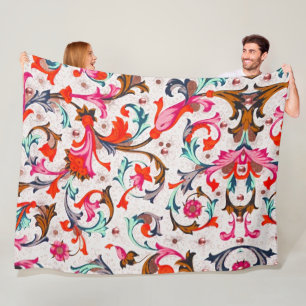 FLORENTINE RENAISSANCE RED FLORAL SWIRLS, FLOWERS FLEECE DEKEN