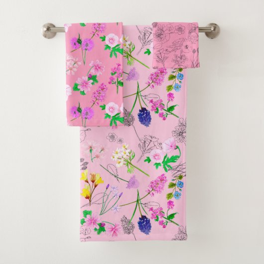 Flores del campo sobre rosa bad handdoek (Insitu)