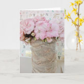 Flores geranio rosa en bote de cristal con encaje kaart (Gele Bloem)