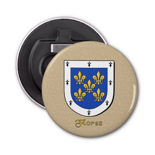 Flores Heraldic Arms op perkament stijl terug Button Flesopener (Voorkant)
