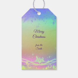 Florescent paarse kerstachtergrond cadeaulabel