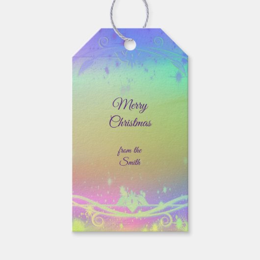 Florescent paarse kerstachtergrond cadeaulabel (Voorkant)