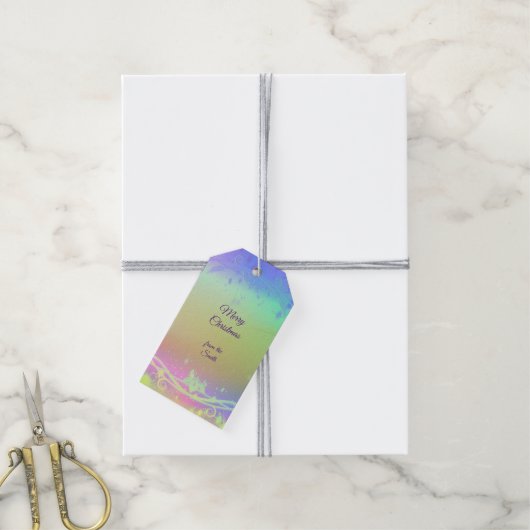 Florescent paarse kerstachtergrond cadeaulabel (Met Touw)