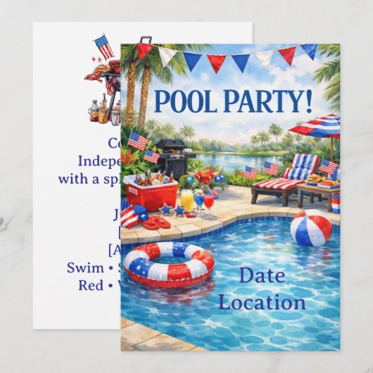Florida 4th of July Pool Party Invitation Kaart (Voorkant / Achterkant)