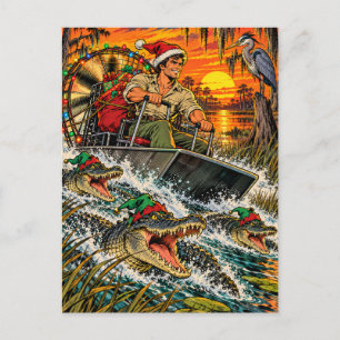 Florida Airboat Kerstman met Elf Hoed Alligators Briefkaart