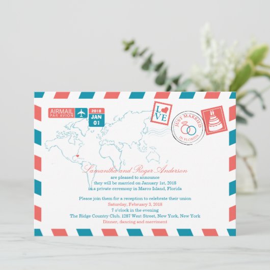 Florida Airmail Post Wedding Reception Kaart (Staand voorkant)