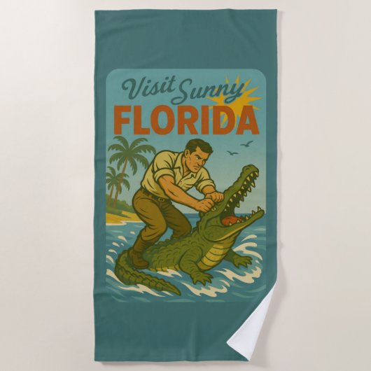 Florida Alligator Worstelen | Grappig Retro Strand Strandlaken (Voorkant)