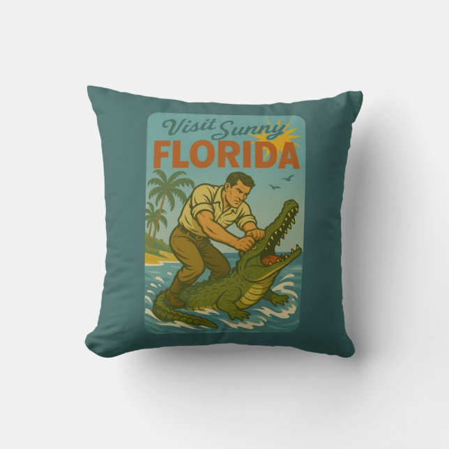 Florida Alligator Worstelen | Grappige Retro Kust Kussen (Voorkant)
