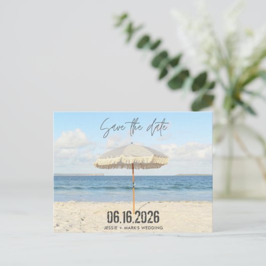 Florida Beach Paraplu Bruiloft Save the Date Aankondigingskaart (Staand voorkant)