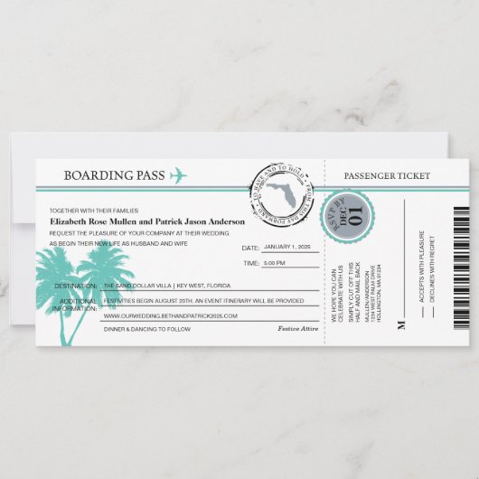 Florida Boarding Pass huwelijksuitnodiging Kaart (Voorkant)