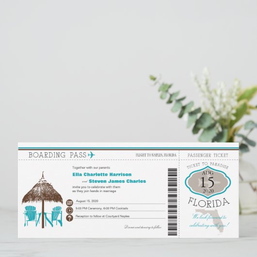 Florida Boarding Pass Wedding Invitation Kaart (Staand voorkant)
