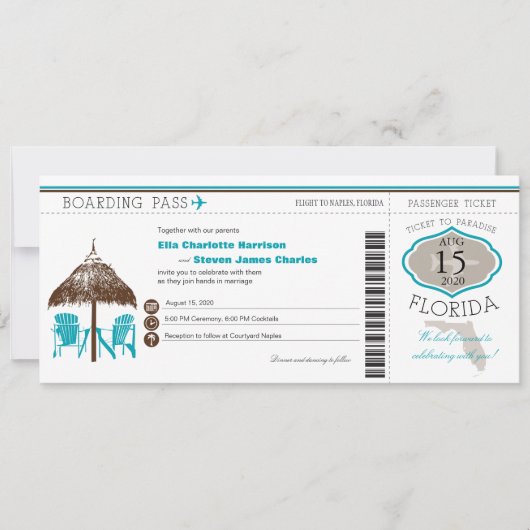 Florida Boarding Pass Wedding Invitation Kaart (Voorkant)