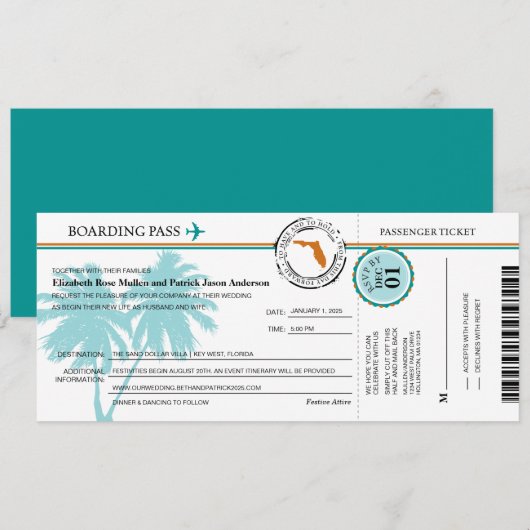 Florida Boarding Pass Wedding Invitation Kaart (Voorkant / Achterkant)